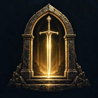 Before You Pull’s golden sword in a stone doorway